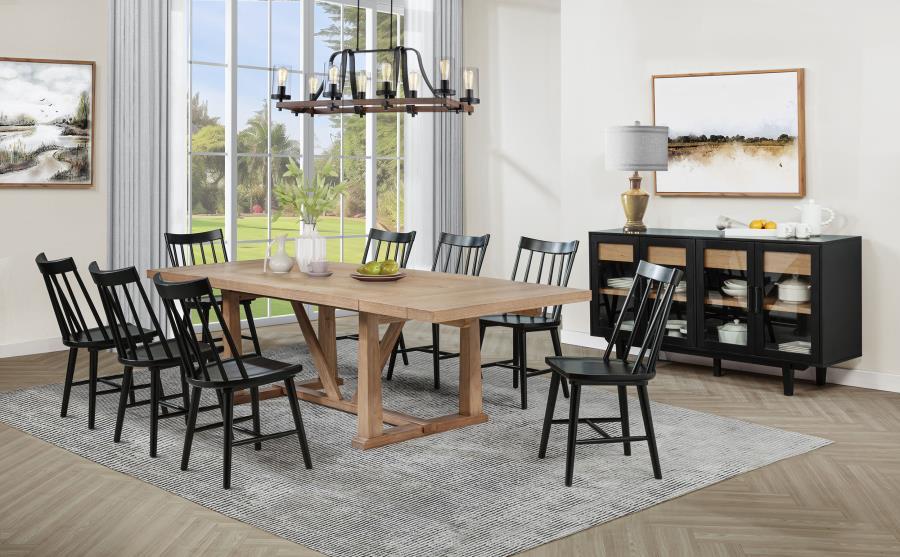 This ten-piece dining set is designed to elevate your dining experience with exceptional style and functionality. Featuring an extendable dining table with two removable leaves, it provides ample space for both everyday meals and larger gatherings. Comple