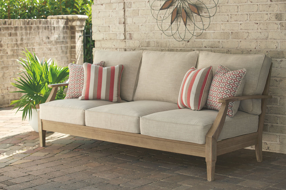 An effortlessly elegant choice in outdoor furniture, this outdoor sofa marries sturdiness and style in such a delightful way. For that much more weather protection, the sofaâ€™s eucalyptus wood frame with tapered touches and slat styling is treated to a 5