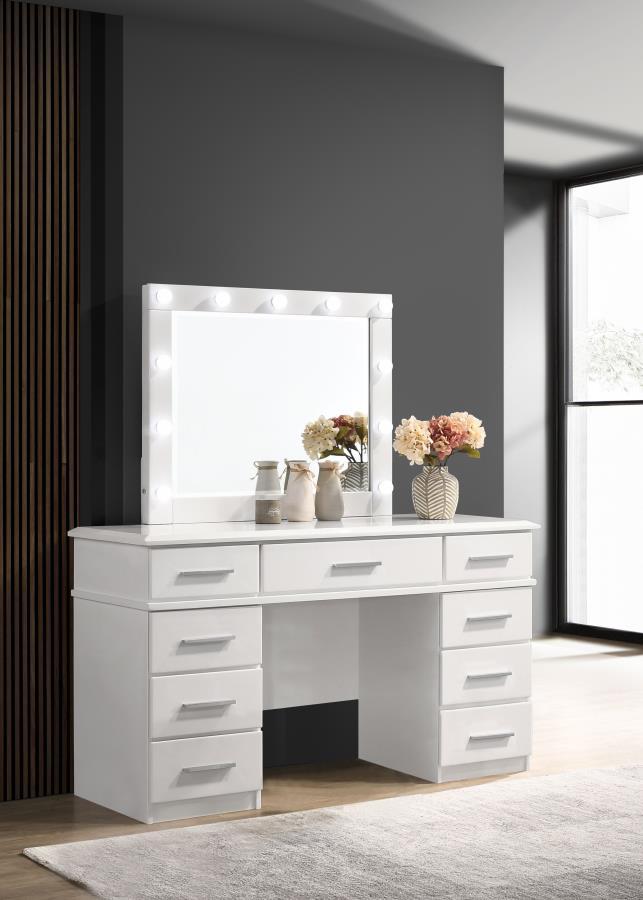 Covered in a high gloss white finish for an all-around sleek look, this contemporary vanity desk and matching mirror are perfect for dressing areas and bedrooms. Store cosmetics, perfume bottles and more within the multiple drawers to keep your vanity nea