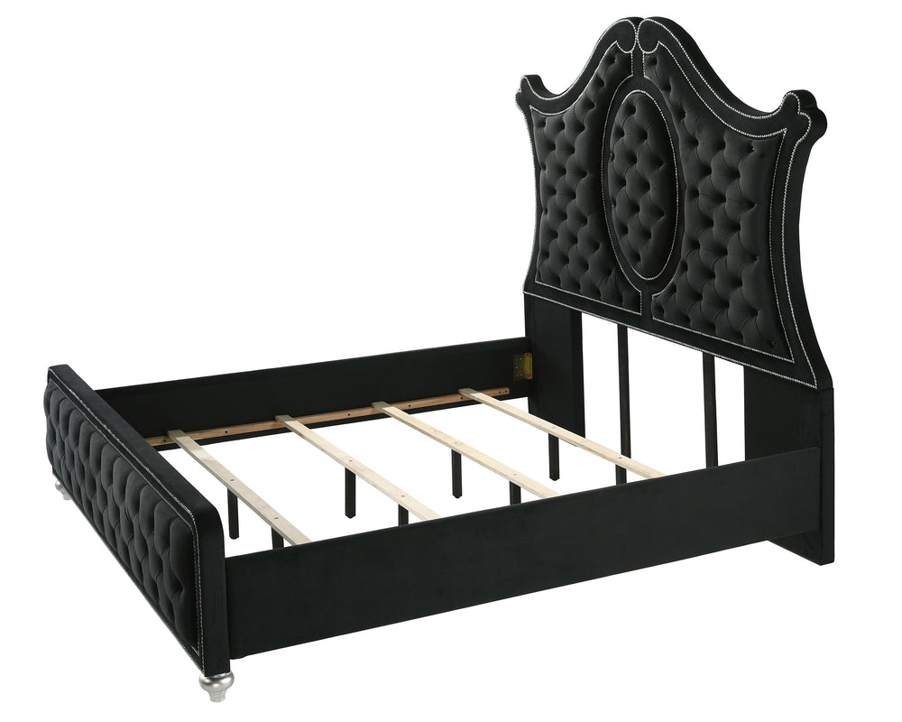 Indulge in timeless elegance and dramatic sophistication with this stunning bedroom collection, designed to make a bold statement. The centerpiece features an exquisitely tufted headboard with luxurious upholstery and intricate nailhead trim, exuding opul