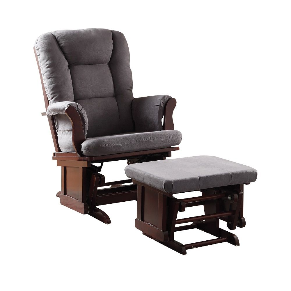 The Aeron Glider Chair & Ottoman will add a comfortable and stylish look to your den or bedroom. The cherry finish frame is made from Rubberwood for durability, with a foam-padded gray microfiber upholstery for comfort. The ottoman gives you a spot to pla