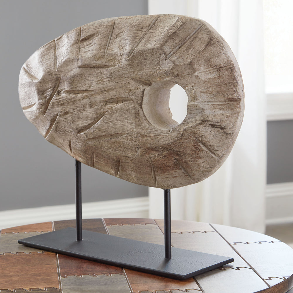 Elegantly adorn your bookshelf, mantel or dining table with this sculpture. Wood in an antiqued white finish is brimming with natural beauty and adds warmth to your space. A sleekly styled black metal base grounds the piece.<br/><br/><b>Product Features</