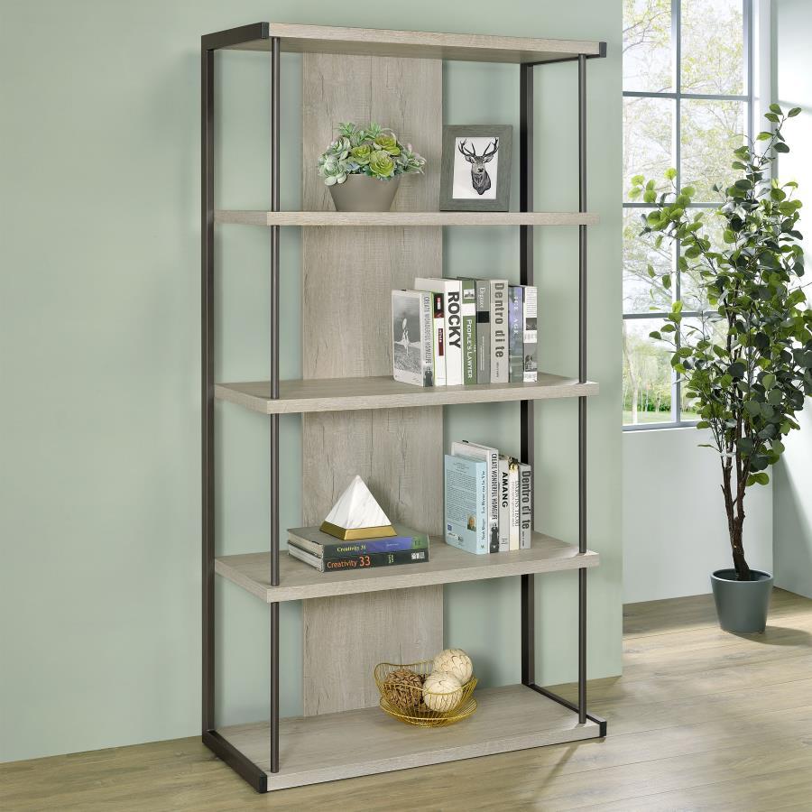Keep your essentials and decor where you can show them off using this contemporary grey bookcase, designed with an open and airy frame complete with four slim whitewashed grey shelves held in place by a contrasting grey finished frame. Two slim rods punch