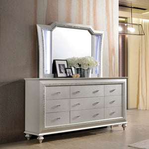  the dresser is accented with textured front and a crystal-like sparkling trim. Its crystal-like trimming creates daz