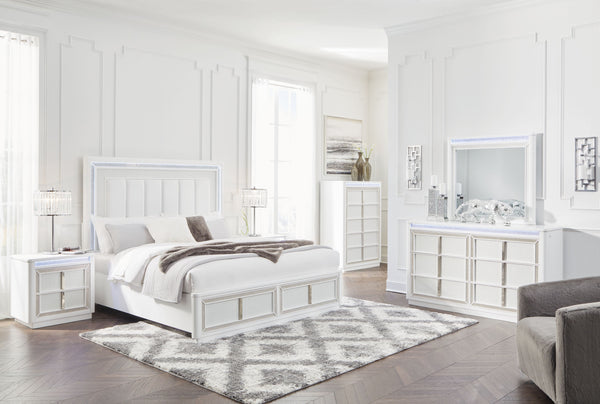 Chalanna - 7 Pc. - Dresser, Mirror, California King Upholstered Storage Bed, 2 Nightstands - White