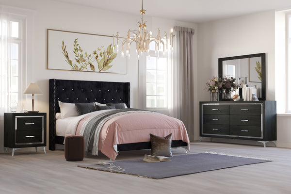 The Huxley 4-Piece Bedroom Set in Black combines contemporary glam with durable construction for a stylish and functional addition to your home. This set includes an upholstered bed with headboard, footboard, two side rails, and slat kit, along with a 6-d