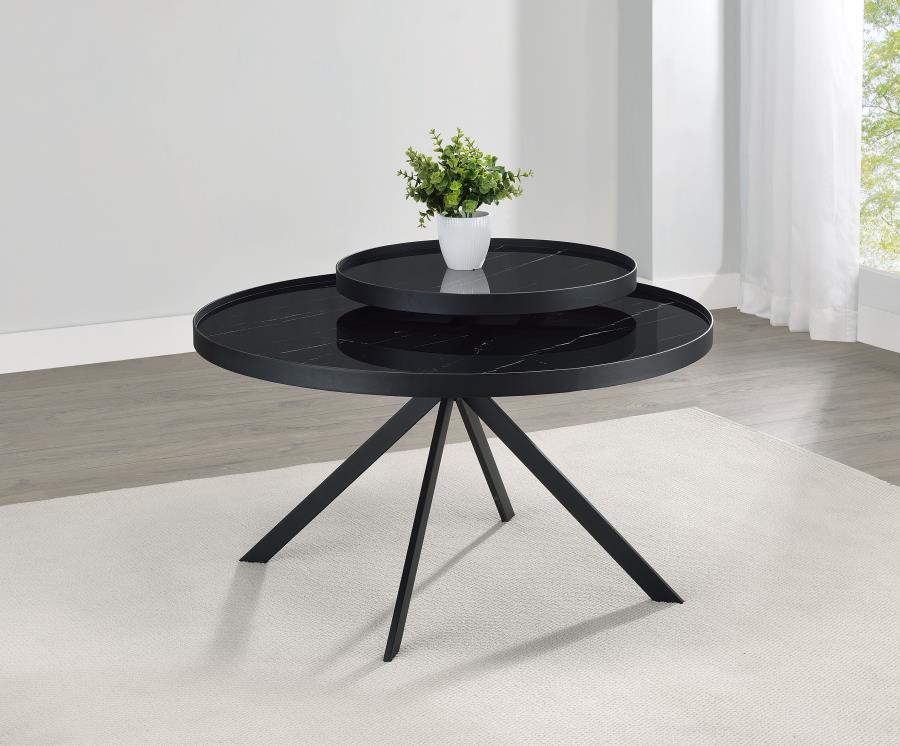This modern two-tier coffee table features a sleek metal frame and tempered glass tops with marble-pattern printing for a refined aesthetic. Its multi-level design offers added functionality, perfect for displaying decor or organizing essentials. The stur