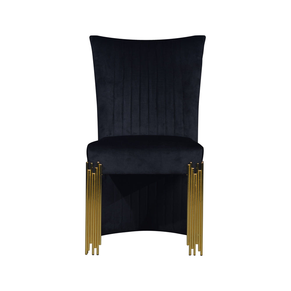 Introducing the Empire Dining Chairs, a luxurious addition to your dining space. Crafted with durable eco-friendly materials and upholstered in 100% midnight black polyester velvet fabric, these chairs enhance the contemporary ambiance of your collection.