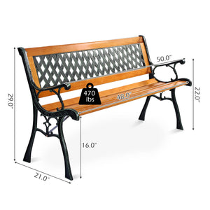 It consists of well-painted iron cast structure  solid wood seat and backrest frame  and PVC backrest pattern. <br>It comes with a size of 49.5-" x 20.5-" x 29-" and features a strong load-bearing capacity of up to 463 lbs. <br>It-'s able to comfortably s