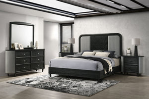 The Skyline 5-Piece Bedroom Set blends modern style with durability. Crafted from solid Rubberwood, engineered woods, and Ash veneers, it features an Onyx Black finish with gray glazing that enhances the wood grain. The upholstered panel bed adds plush co