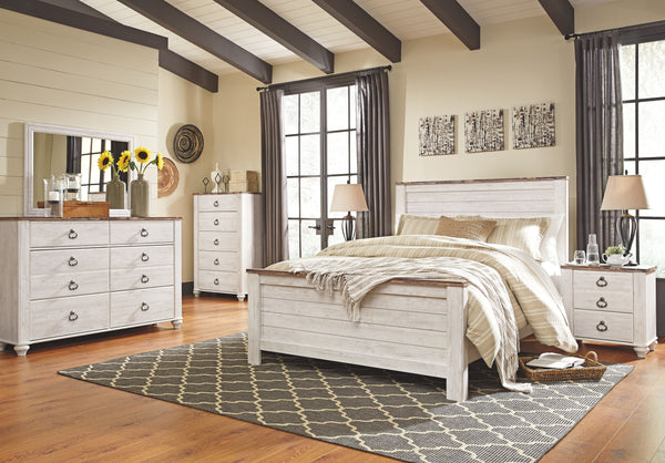 Two-tone finish in white wash replicated worn through paint with authentic touch and a replicated wood grained block pattern with authentic touch. Large scaled shapely bedroom collection features bun feet. Ring pull hardware in an antique brass color, acc