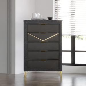 The Symmetry 5-Drawer Chest in Charcoal Gray blends form and function with modern elegance. Crafted from premium woods with a gray marble laminate, it offers durability and a sleek aesthetic. Ultra-soft gray fabric drawer fronts, adorned with gold metal a
