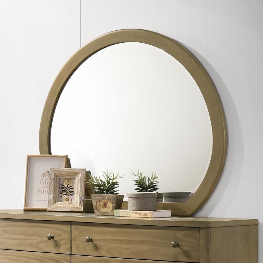 Complete your bedroom decor with this stylish dresser mirror, a perfect blend of classic and modern design elements. The mirror features a natural pine finish that complements the solid pine wood construction of its matching dresser. Its round shape adds 