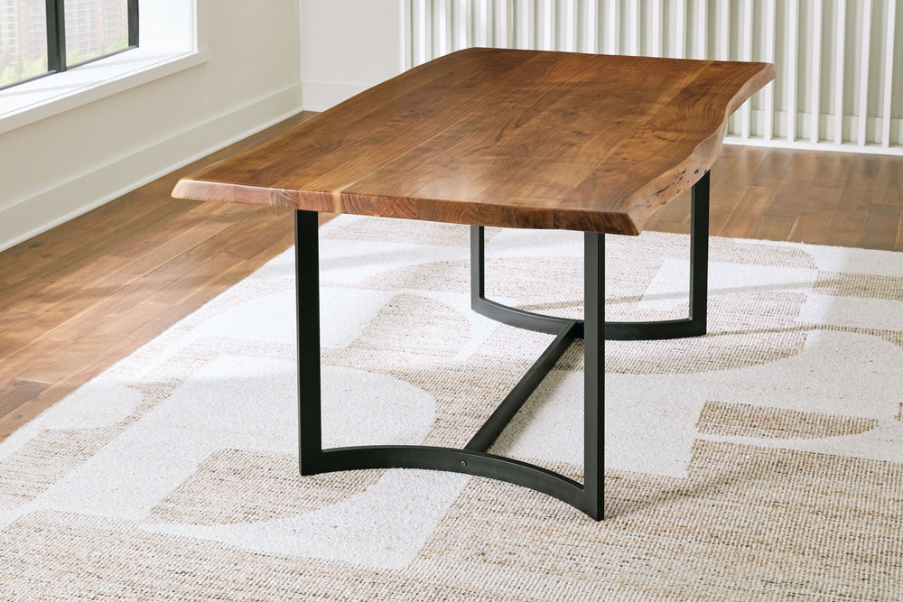This dining package takes minimalism to the max. Urban Contemporary design. Made with solid Acacia wood, metal and woven leather straps. Finished in a light wood tone to enhance the wood-'s natural grain characteristics. The solid wood table top features 