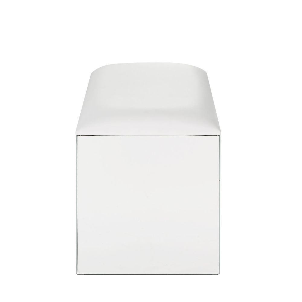 Assambled, Rectangular Armless Stool (Backless) â€¢ NO Storage (Open Base) â€¢ Stationary Seat â€¢ Padded Seat: PU Cushion â€¢ Beveled Mirrored Finish, Clear Glass with Faux Crystal Inlay â€¢â€¢ CONSTRUCTION â€¢â€¢ Mirrored Seat Apron: Beveled Mirror, MDF
