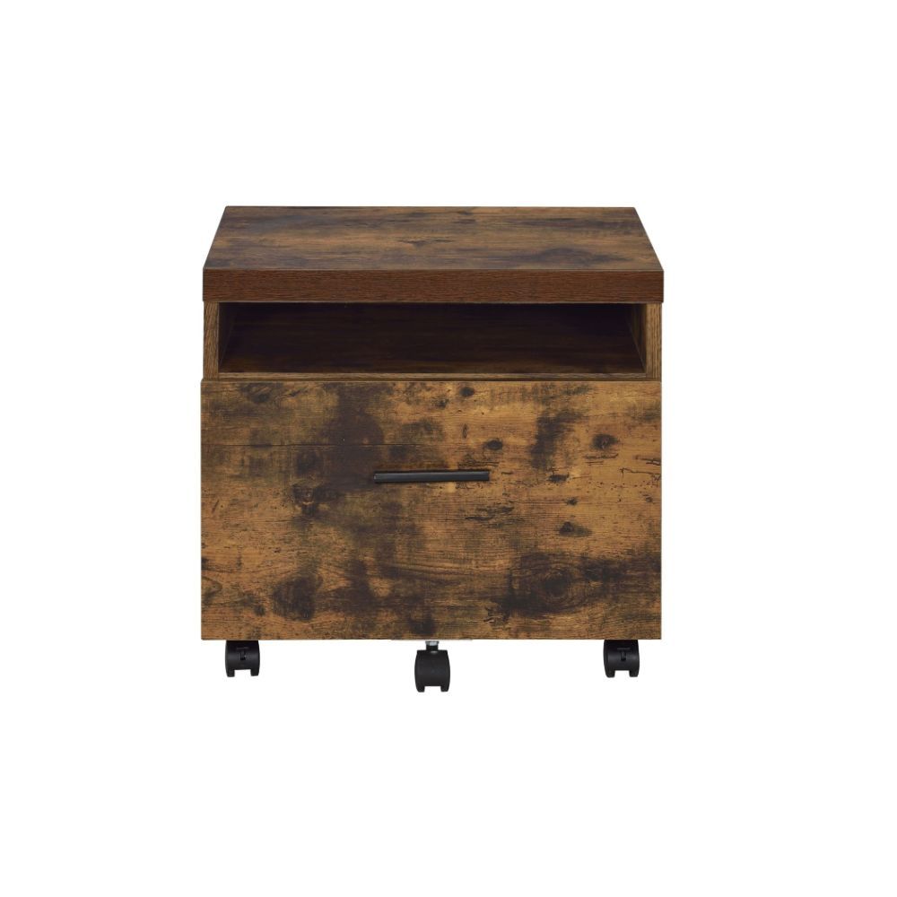 Complimenting the desk, the Bob file cabinet is made from the same weathered Oak material to add harmony and function to the desk. It features a file drawer and open space for storage, the height being 25-" for the use of its top to possibly hold your pri