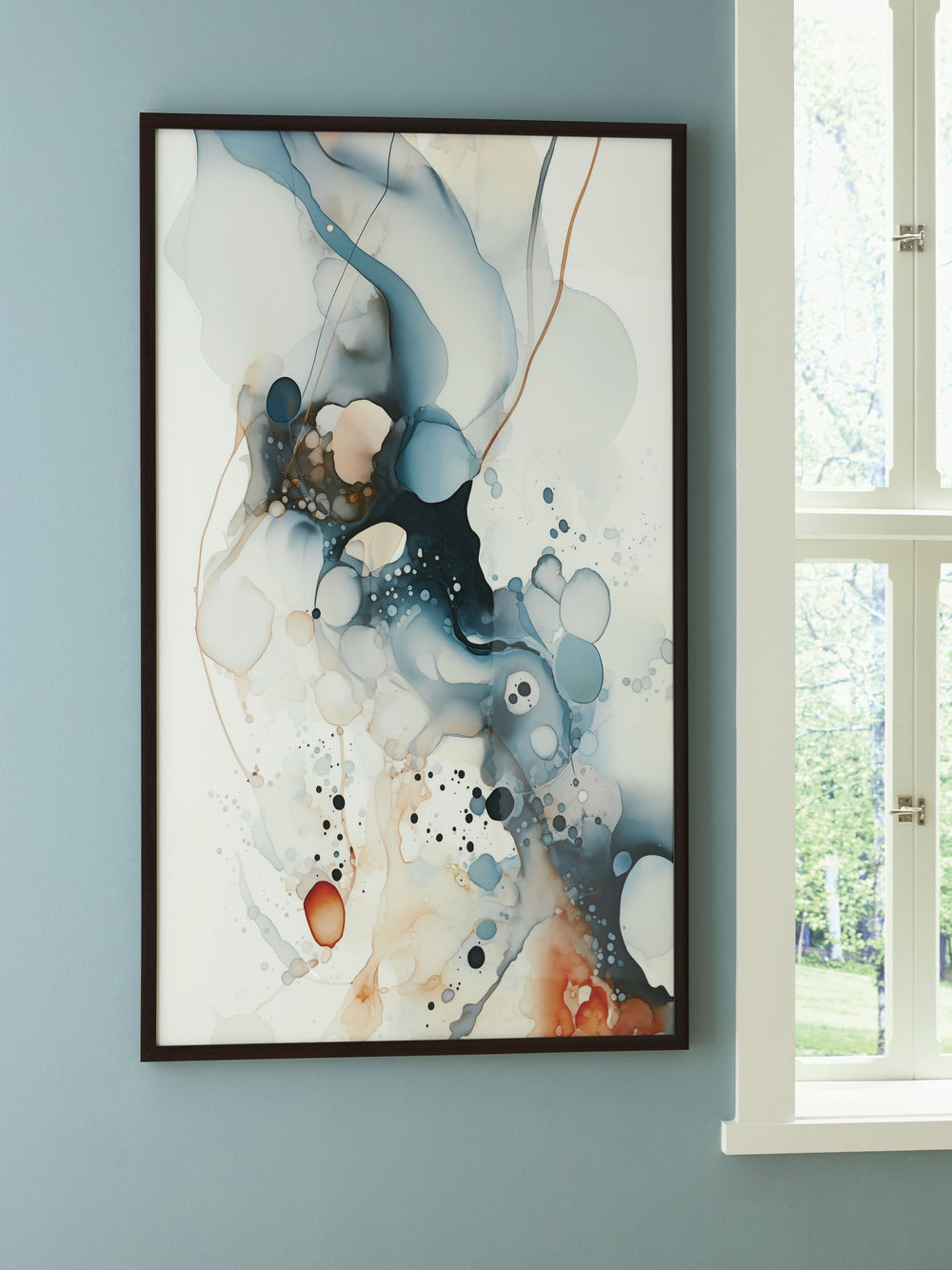 Discover abstract beauty with this wall art. Fluid, free-flowing shapes in shades of blue, amber and white create a captivating contemporary look on your gallery wall. It-'s a simply soothing way to elevate your space.<br/><br/><b>Product Features</b><ul>