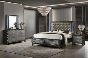 Discover the elegance of the Radiance Queen 4 Piece Bedroom Set in Black Pearl, featuring a storage bed, 6 drawer dresser, lighted mirror, and 2 drawer nightstand, meticulously crafted for unparalleled stability and durability from a blend of solid rubber
