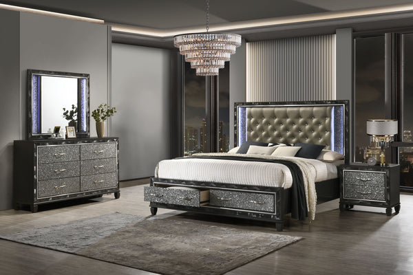 Discover the elegance of the Radiance Queen 4 Piece Bedroom Set in Black Pearl, featuring a storage bed, 6 drawer dresser, lighted mirror, and 2 drawer nightstand, meticulously crafted for unparalleled stability and durability from a blend of solid rubber