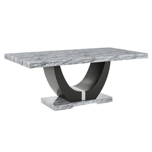Transform your dining space with the Lyra Faux Marble Table, a blend of contemporary glam and practical design. This stunning table features a gray and black faux marble top that creates a striking contrast with its solid black U-shaped pedestal base. Con
