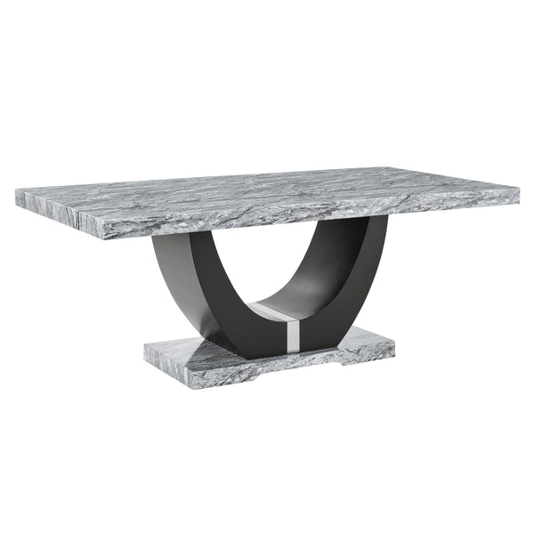 Transform your dining space with the Lyra Faux Marble Table, a blend of contemporary glam and practical design. This stunning table features a gray and black faux marble top that creates a striking contrast with its solid black U-shaped pedestal base. Con