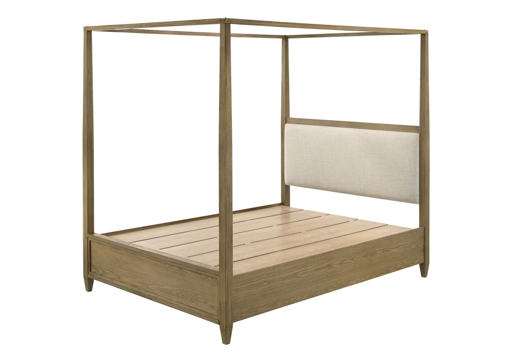 This bedroom set is a harmonious blend of rustic charm and modern simplicity, ideal for creating an inviting and warm atmosphere. The set features a stunning canopy bed as its centerpiece, which boasts a clean-lined frame and a natural wood finish that ex