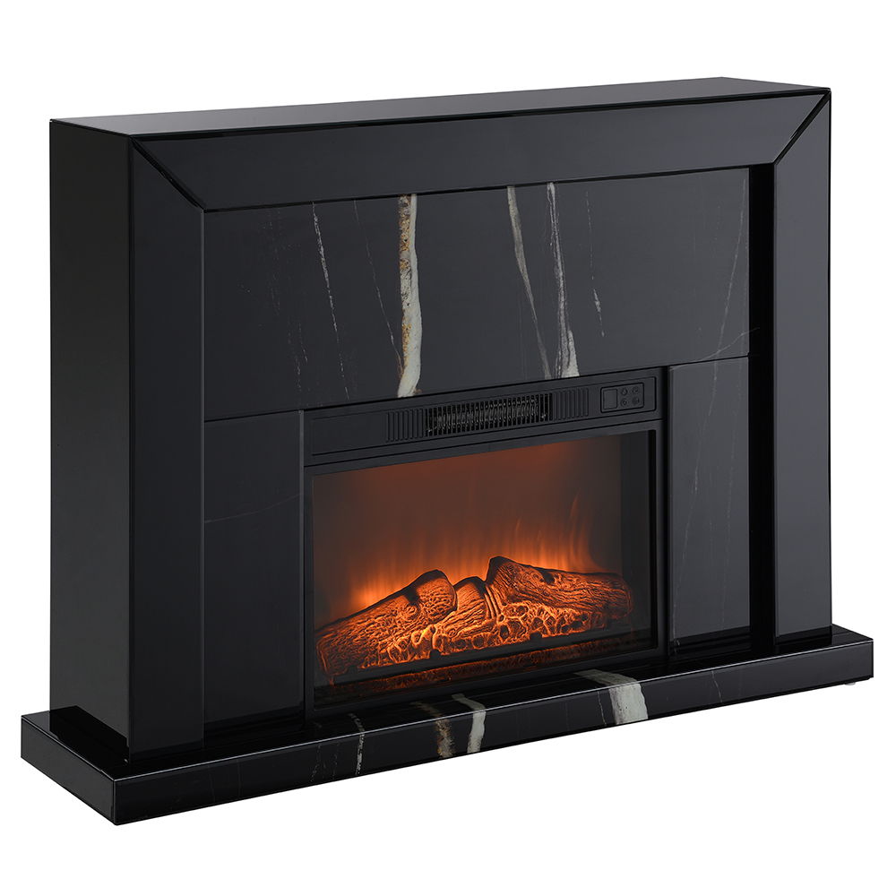 Creating a warm and inviting atmosphere with Drisana collection fireplace , it is a stunning blend of modern elegance and functionality. This rectangular fireplace features a sleek black mirrored surface accented with a sophisticated marble grain design. 