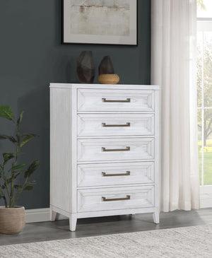  compact silhouette conserves space while adding welcome storage and organization. The chest features a distressed white finish to highlight wood grain details