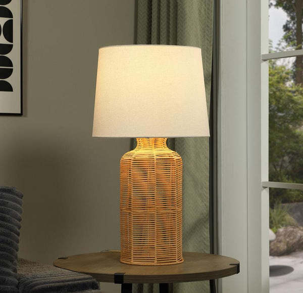  it exudes a warm and organic appeal. The neutral fabric shade beautifully complements the rattan