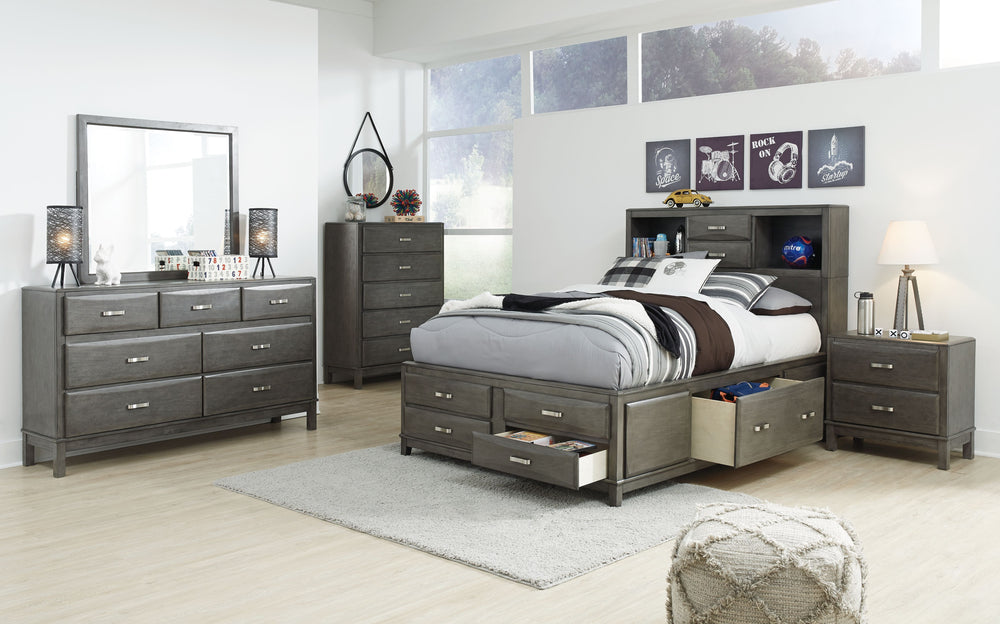 Caitbrook - Gris - 8 pzas. - Cómoda, espejo, sinfonier, cama matrimonial con almacenaje, 2 mesitas de noche