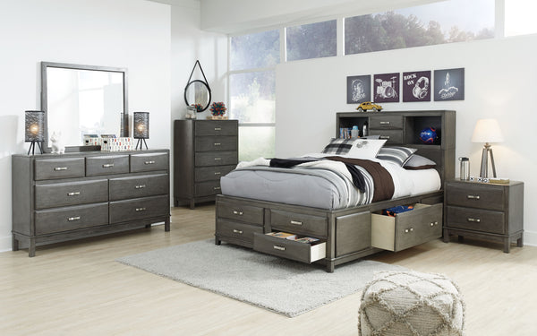 Caitbrook - Gris - 5 Piezas - Cómoda, Espejo, Cama Matrimonial con Almacenamiento