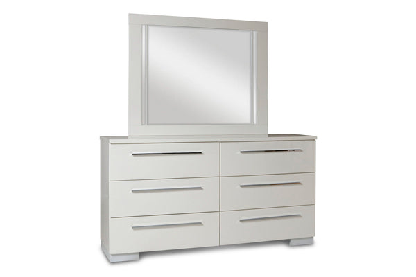 Complete your bedroom with the Sapphire Dresser Mirror in high gloss white. Expertly crafted from high-quality manufactured wood, this mirror features a flawlessly smooth, ripple-free surface and a glossy white laminate finish for a sleek, contemporary lo