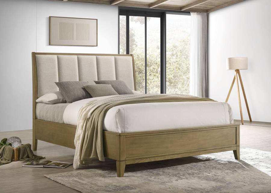 Elevate your bedroom with this bed that seamlessly blends transitional style with modern flair. The bed features a vertical channeled upholstered headboard in beige textured fabric, adding a touch of elegance and comfort. Its natural pine finish brings wa