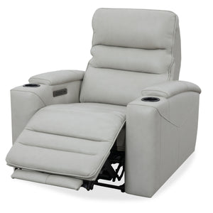  and an independent power headrest for personalized relaxation. It features sleek black stainless steel cupholders and a spacious top-grain leather design. Each recliner ha