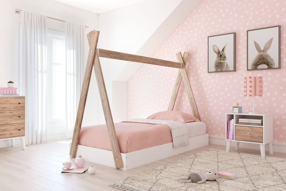 Adventure awaits with this twin tent complete bed in a box. The effortless blend of contemporary and casual styles creates an expressive two-tone look in matte white and replicated sugarberry wood grain pattern. This complete bed in a box requires no addi