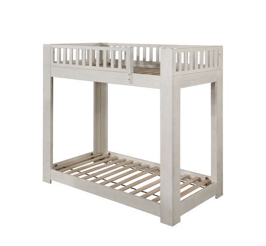 This bunk bed strikes a classic silhouette with vertically slatted guardrails. Each bed features a slat system (14+14) to accommodate your preferred mattresses (not included) without the need for bulky box springs or bunkie boards. The low-profile bottom 