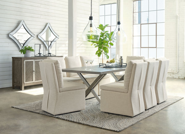 Enjoy home-cooked meals in style with this urban contemporary dining group. The use of mixed materials on this urban-inspired dining table makes it a true statement piece and the chairs are covered in an oatmeal-colored woven polyester fabric with a comfo
