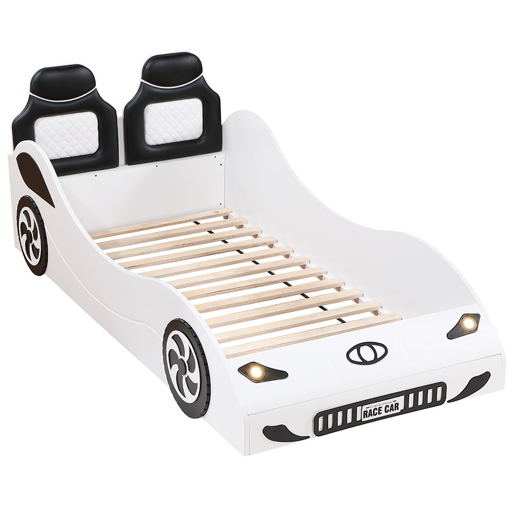 Raise up your child-'s imagination with the Colen collection car bed, available in sleek white and vibrant red finishes. Featuring a car seat style headboard with plush padding, this bed offers both comfort and style. The realistic wheel trim and LED ligh