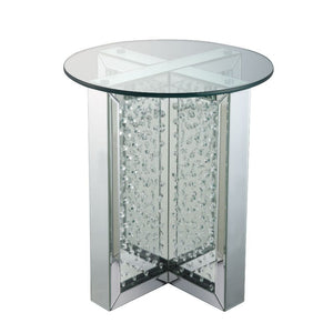  Round End Table â€¢ NO Storage â€¢ Glass Top & Mirrored Finish: Beveled with Faux Crystal Inlay â€¢â€¢ CONSTRUCTION â€¢â€¢ Glass Top: 4mm Clear Tempered Glass (Fixed Top/No Apron) â€¢ Mirrored Pedestal: -"X-" Shape Panels with Faux Crystal Inla
