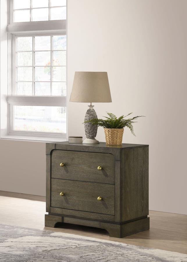 Elevate your bedside with this stylish nightstand, combining transitional design with practical functionality. Finished in dark cocoa with brass knobs, this nightstand features a solid wood drawer box with English dovetail joinery and 45mm metal ball-bear