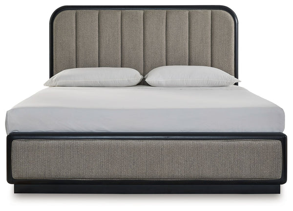 Rowanbeck - Gray / Black - California King Upholstered Panel Bed