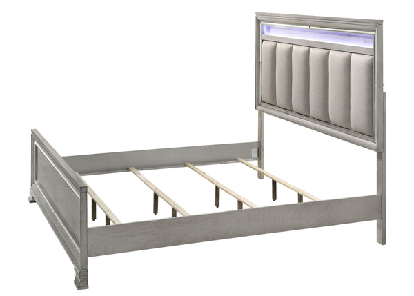  with integrated LED lighting on the tufted headboard adding a luxurious focal point. The collection includes a bed