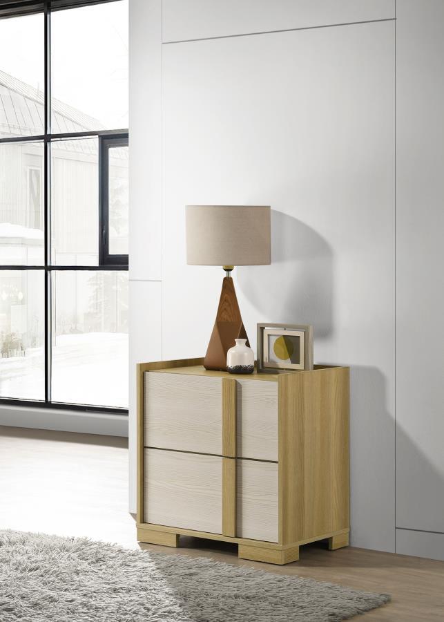 Complete your bedroom-'s modern elegance with this exquisite nightstand, perfectly designed to match your stylish bed. Inspired by contemporary Italian design, the nightstand features a sleek blend of natural wood tones and crisp white panels crafted from