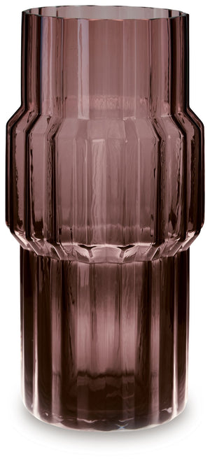 This vase, made of dark mauve-tinted glass, adds a captivating touch to indoor or outdoor decor. Its unique textured shape with oversized fluted detail creates an elegant art piece. Whether it-'s accentuating flowers or candlelight, this vase is simply st