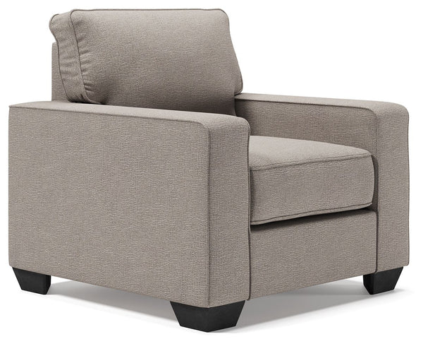 Make your living space that much more livable with this arm chair. Rest assured that its ultra-neutral upholstery with a textural chenille feel goes with anything and everything. Wide track armrests, box cushions and tapered feet lend a clean, contemporar