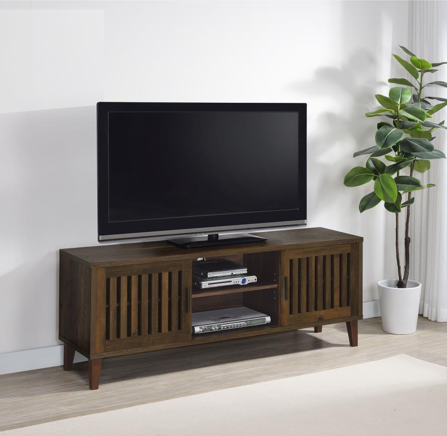Introduce a touch of mid-century modern flair in your living room with a TV stand constructed from engineered wood and rubberwood. This media console, designed for televisions up to 65 inches, offers a dark pine wood finish over melamine, blending excelle