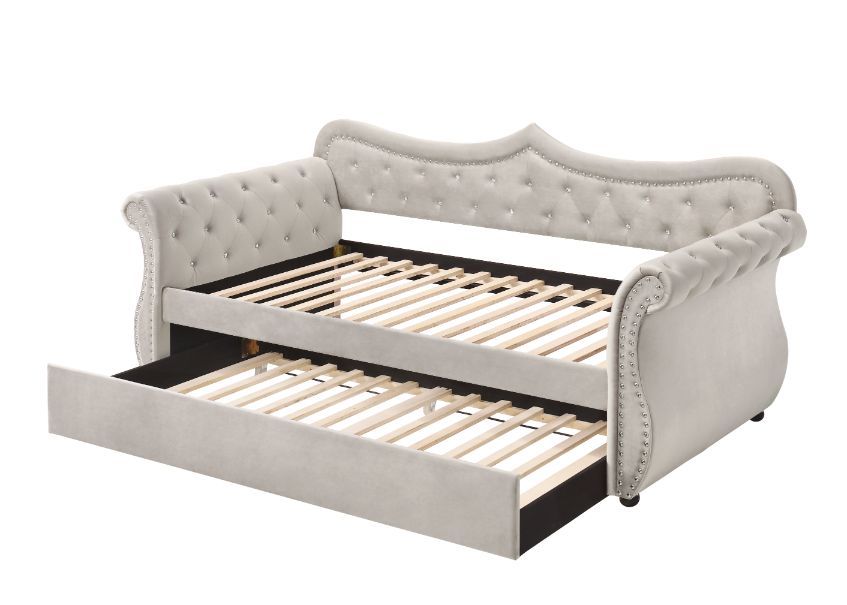 Create a dream bedrooms for your little ones with the Adkins Daybed that truly make their dream come true. The frame of the bed strikes a classic silhouette with gentle curves and sleigh-style arms, fully upholstered in a sofa velvet. Beautiful accents ar