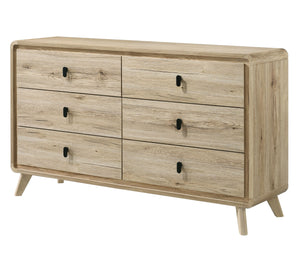 Create a serene and modern retreat with this thoughtfully designed bedroom collection, blending natural textures with contemporary charm. The centerpiece features a slatted headboard and footboard, highlighting a warm, wood-inspired finish that adds a sen