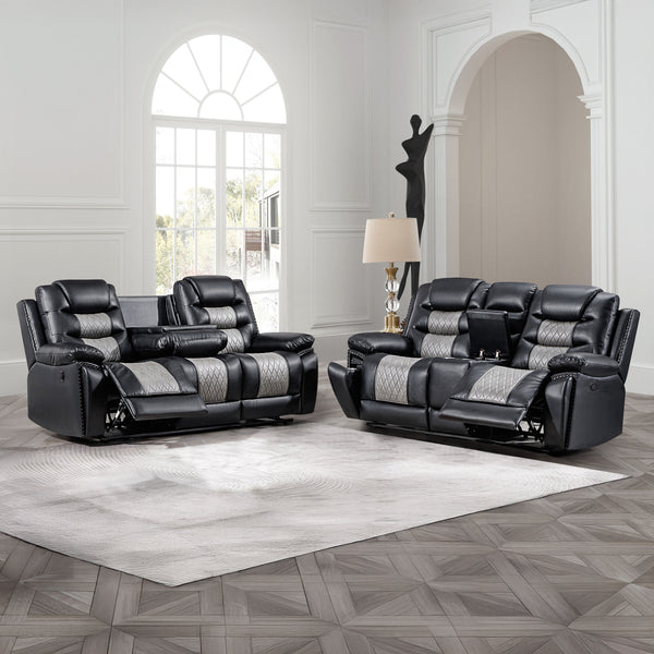  featuring a dual reclining sofa and console loveseat with power footrests and hidden cup holders. This stylish set includes a sofa and console loveseat