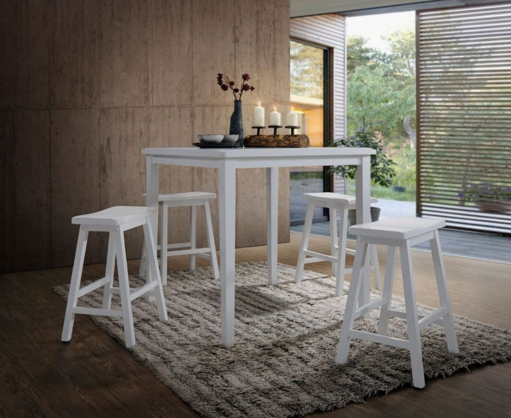  square leg table and four matching saddle style stools. The Table features a Solid Wooden To